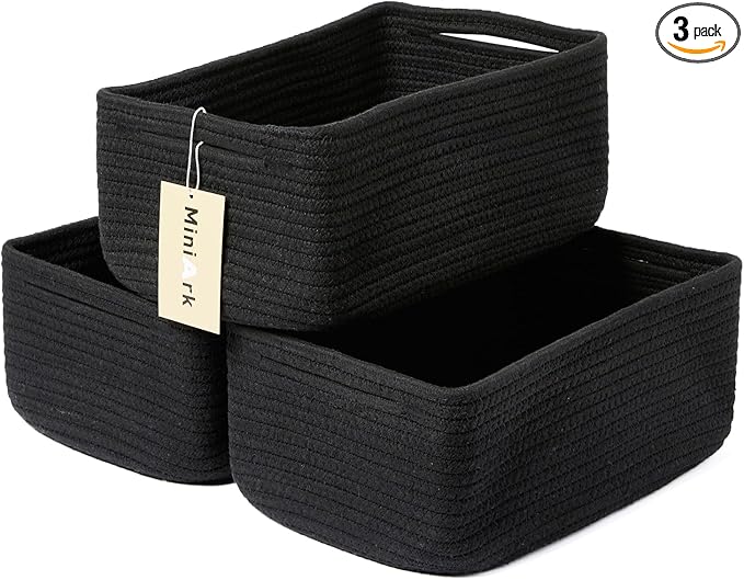 Small Storage Baskets for Organizing | Closet Organizer Bins | Shelf Toy Basket | Woven Rope Baskets | Cube Decorative Box | Shallow Basket | 13x8.5x5.1” | 3 Packs Black