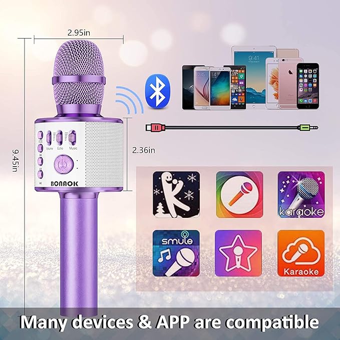 BONAOK Wireless Bluetooth Karaoke Microphone, 3-in-1 Portable Handheld Mic Speaker Machine for All Smartphones, for Girls Boys Kids Adults All Age Q37(Light Purple)