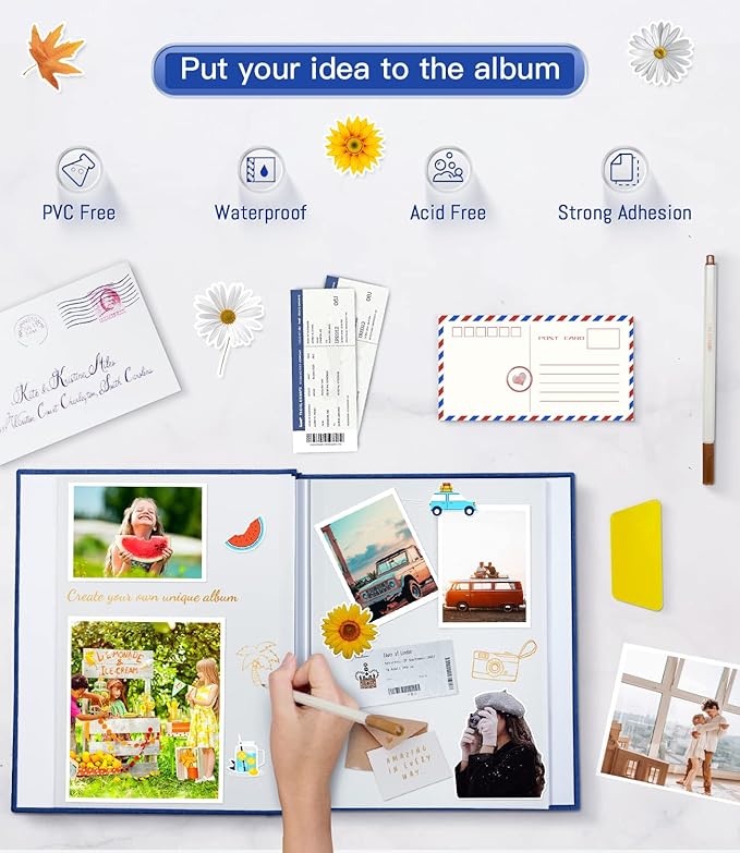 popotop Photo Album Self Adhesive with Picture Display Window,40 Pages DIY Scrapbooking Supplies Kit for 4x6 10x12 Picture,Linen Cover Memory Book for Baby Wedding, with Scraper and Metallic Pen