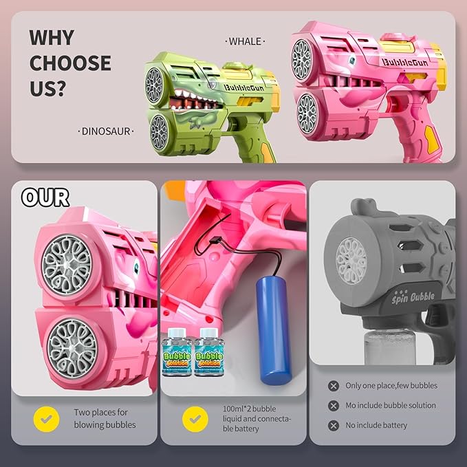 Rechargeable Pink Dolphin Bubble Guns for Kids, LED Light Up Bubble Machine Blower with 2 Bottles Bubble Refill Solution for Kids, Bubble Makers Blaster for Toddlers, Summer Wedding Toys Gift