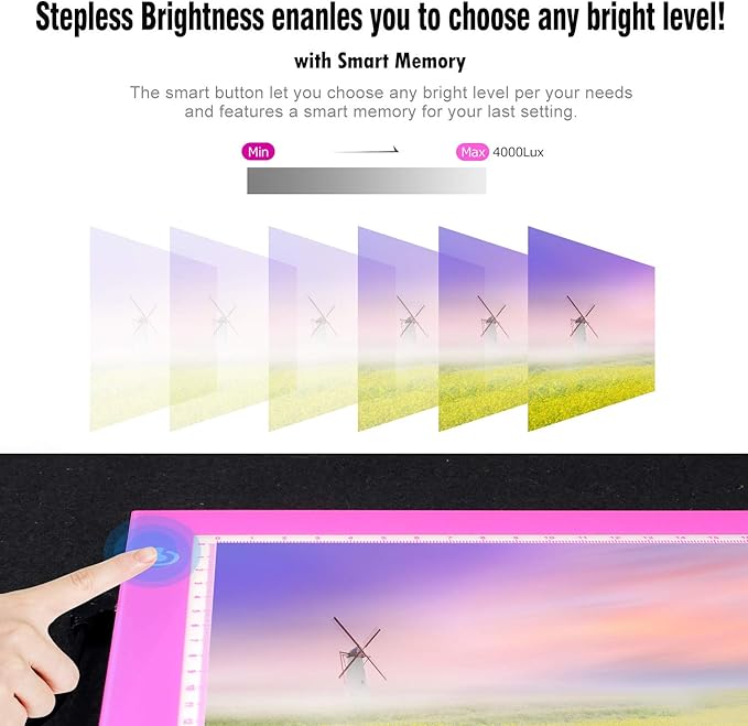 LitEnergy Portable A4 LED Copy Board Light Tracing Box, Pink Ultra-Thin Adjustable USB Power Artcraft LED Trace Light Pad for Tattoo Drawing, Streaming, Sketching, Animation, Stenciling