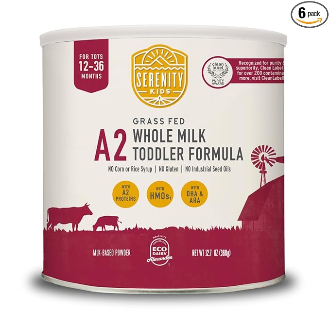 Serenity Kids Organic Toddler Formula Powder - Grass Fed A2 Whole Milk Powder - Prebiotics & DHA for Growth - Clean Label Project Purity Award Certified - 21 Oz, 6 Pack