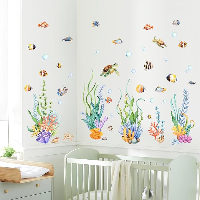 Supzone Under The Sea Wall Decals, Seaweed Grass Ocean Fish Sea Turtle Underwater Wall Stickers Vinyl Decor for Baby Boys Kids Nursery Bedroom Bathroom Classroom Playroom