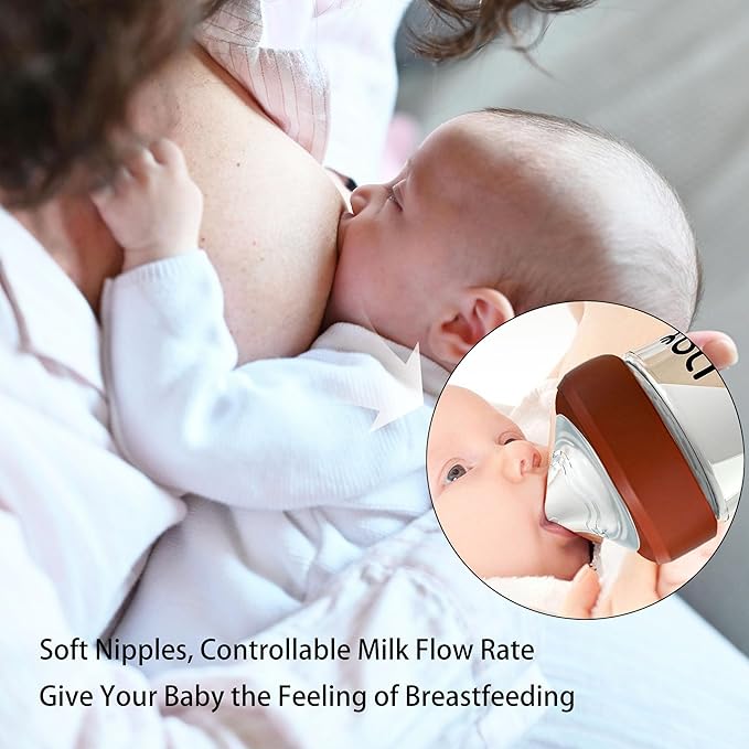 Natural Glass Baby Bottle for Breastfeeding Babies, 8oz Anti-Colic Baby Bottle with Natural Response Nipple(M), Clear, Wide Neck, 4 Pack, 3 Months+