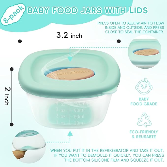 Leak-Proof Baby Food Storage Containers 8-Pack - 4oz BPA-Free Freezer & Microwave Safe Food Jars with Airtight Lids for Infants, Travel, Nurseries
