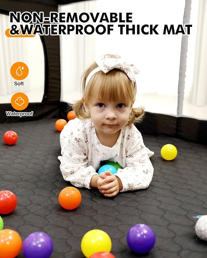 Foldable Baby Playpen with Non-Removable Thick Mat, Extra Large Collapsible Play Yard for Babies & Toddlers, Portable Travel Playpen with Gate, Safe Activity Center (59"×71" Black)