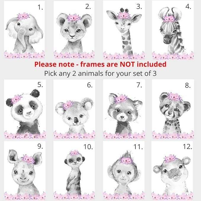 Safari Animals Girls Nursery Bedroom Unframed Set of 3 Poster Prints, Personalized Name Pink or Purple Flowers Wall Art Decor New Baby Gift Present, Elephant Giraffe Panda Zebra Lion (8x10)