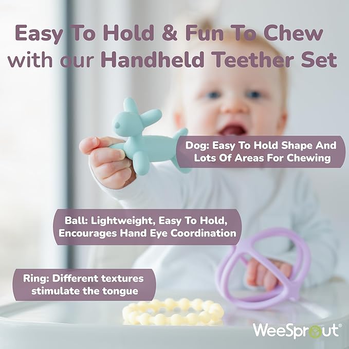 WeeSprout Silicone Baby Teether Toys for Infant Babies and Toddlers, Cute Ring, Puppy Dog, and Ball, Soft and Flexible, BPA Free, Boys and Girls (Matte Green, Pink & Off White)