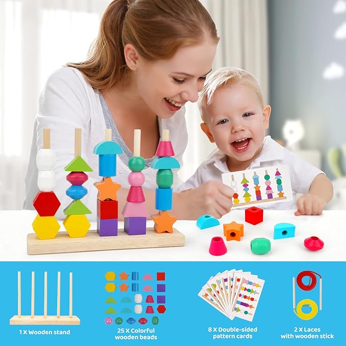 Montessori Toys for 2 3 4 Year Old Kid Boy Girl Toddler, Montessori Wooden Beads Sequencing Toy Set, Lacing Beads & Stacking Block & Matching Shape Stacker, STEM Preschool Learning Toy Birthday Gift