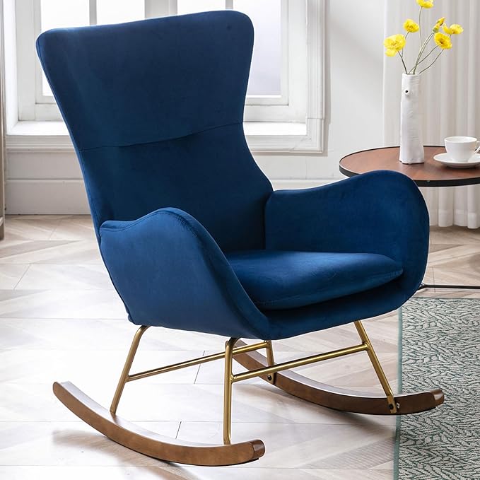 Velvet Rocking Accent Chair Upholstered Nursery Glider Rocker for Baby/Kids Comfy Nursing Lounge Side Chair for Living Room Bedroom, Blue