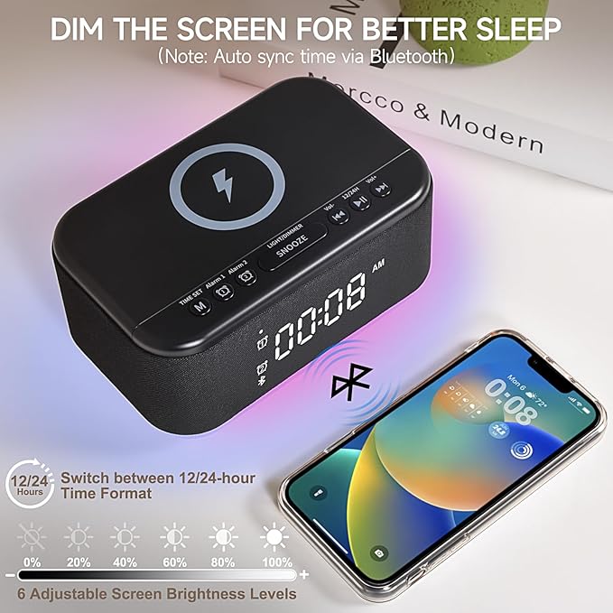 Alarm Clock Speaker Wireless Charger, Digital Alarm Clocks Bedrooms Bluetooth, Alarm Clock Dimmable Light Bedrooms Dual Alarm Snooze Dimmer 12 24H RGB Night Light Bluetooth USB AUX, Black