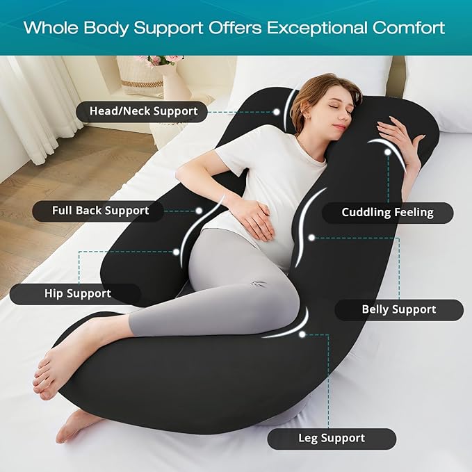 Sasttie Pregnancy Pillows for Sleeping, U Shaped Cooling Full Body Pillow with Removable Cover, Pregnant Women Must Haves, Maternity Essential, Black