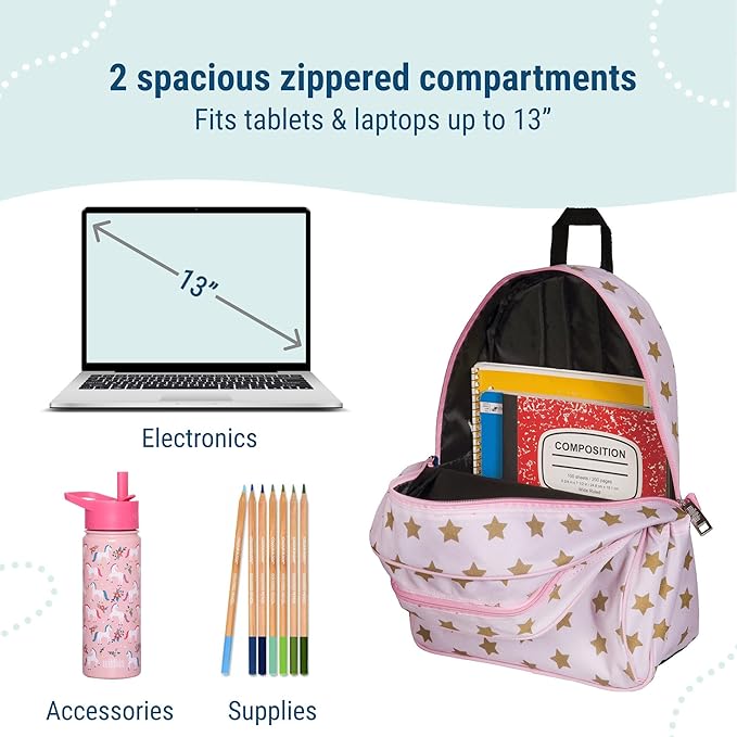 Wildkin 15-inch Kids Backpack – Durable, Padded, Adjustable for School & Travel - Pink and Gold Stars