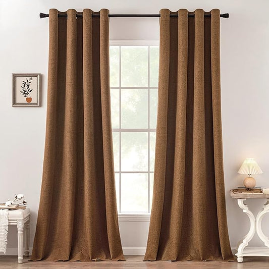 MIULEE 100% Blackout Linen Curtains for Bedroom Thermal Insulated Brown Grommet Room Darkening Curtains & Drapes Fall Decor for Living Room Nursery 52 x 108 Inch (2 Panels)