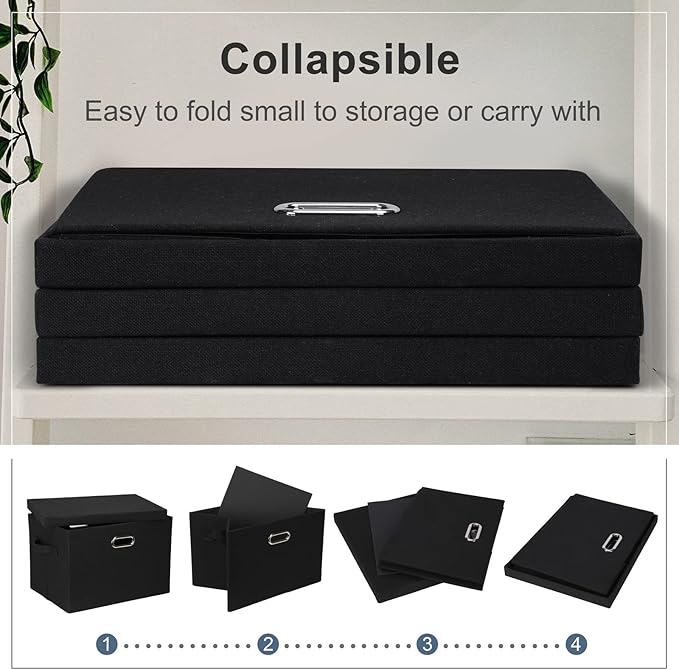 Large 17" 36 Quart Collapsible Stackable Storage Bins with Lids, 5 Packs Black Linen Fabric Closet Boxes with Lids, Storage Cube Baskets Container Organizers for Bedroom Office(17 x12 x11)