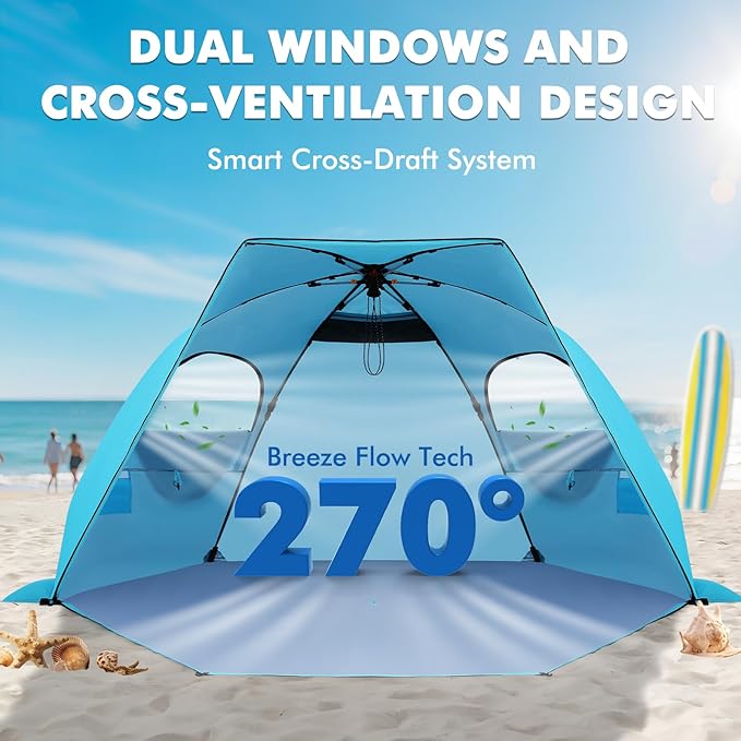 Elegear Beach Tent with Canopy, 1-Second Setup Pop Up Sun Shelter Shade, UPF 50+ UV Protection Silver-Coated Lightweight Portable Beach Cabana