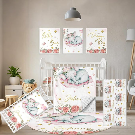Custom Baby Crib Bedding Set, 5 Pcs Personalized Name Baby Crib Sets for Infant Toddler, Floral Elephant Nursery Bedding Set for Baby Girls, Double Layer Baby Bedding Sets Customized Gifts