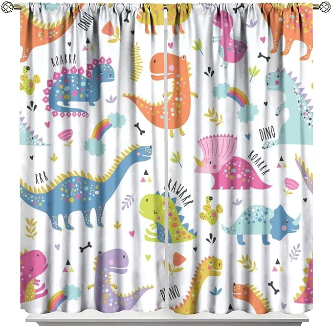 Cartoon Dinosaur Curtains for Kids Boys Girls Home Decor Childish Cute Dino Animals Print Pattern Rod Pocket Blackout Window Drapes for Nursery Baby Bedroom Playroom W31.5xL63in 2 Panels