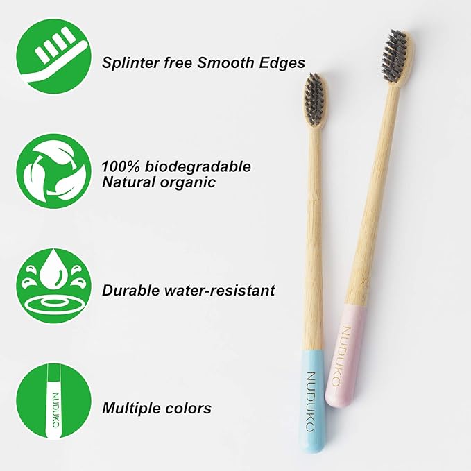 Biodegradable Bamboo Charcoal Toothbrushes, Soft Bristle, Eco-Friendly, Sustainable, BPA Free, Organic, Compostable, Travel Toothbrushes, 6 Pack