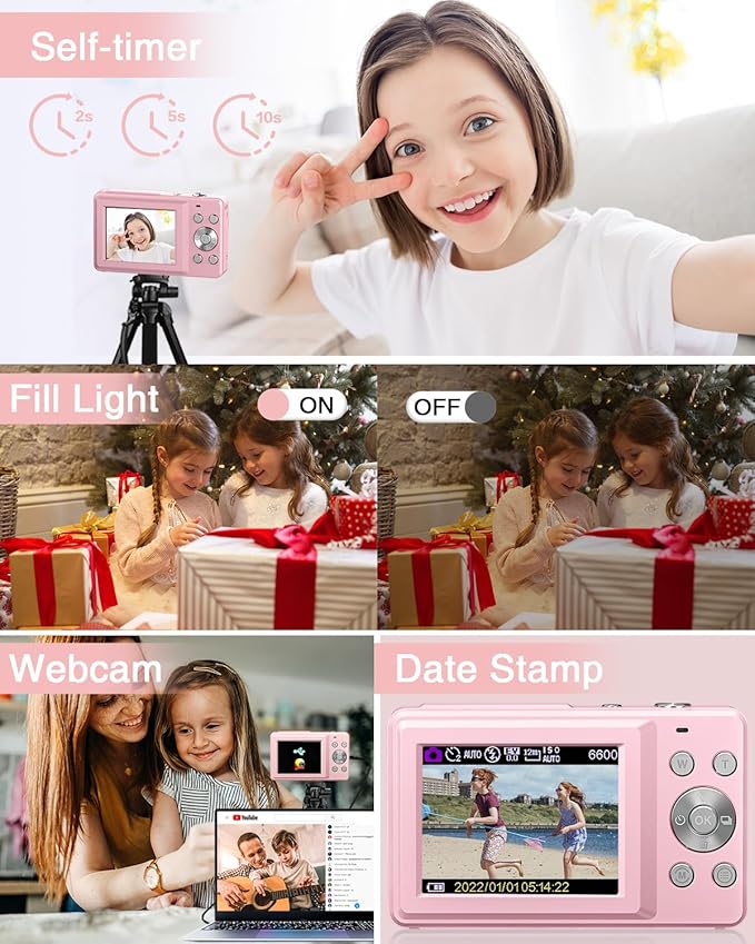 Digital Camera, FHD 1080P Point and Shoot Kids Camera, with 32GB Card, 2 Batteries, 16X Zoom Anti Shake Date Stamp, Compact Portable Small, for Starter Kid Children Teen Student Girl Boy(Pink)