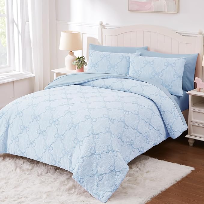Twin Comforter Set with Sheets for Girls-5 Pieces Twin Bedding Sets with Light Blue Comforter, Sheets, Pillowcase & Sham for Kids (Light Blue Diamond, 66" X 86")