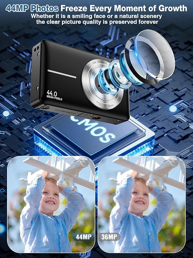 Digital Camera,FHD 1080P Kids Camera 44MP Point and Shoot Digital Cameras with 32GB Card,16X Zoom,Anti-Shake,Date Stamp,Compact Small Cameras Photography for Kids Student Teen Girl Boy(Black)