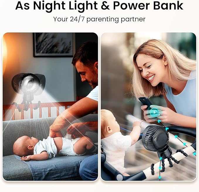 20000mAh Portable Stroller Fan with Auto Oscillating, Extended Anti-Slip Detachable Flexible Tripod, Power Bank & LED Light, 3-Speed Quiet Long Time Cooling Clip On Fans for Baby Crib Car Seat Travel