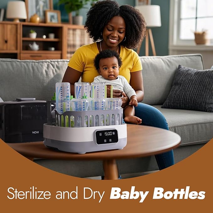 NCVI 20-Minute Baby Bottle Steamer Sterilizer and Dryer with 2 Bottle Trays for 8/6 Bottles, Fast Electric Steam Sterilization Disinfection for All Bottles, Pacifiers, Teether and Breast Pump Parts