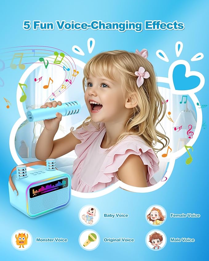 Karaoke Machine for Kids Adults, Birthday Gifts Toys for Girls Boys Age 3-12+,Mini Portable Bluetooth Singing Speaker with 2 Wireless Microphones & LED Lights (Blue)