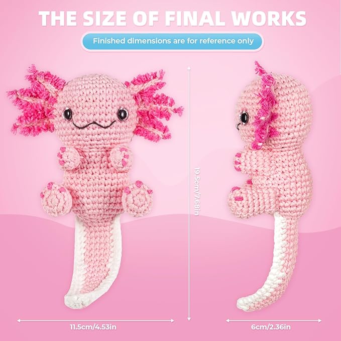 Crochet Kit for Beginners, Learn to Crochet, Include Easy Knitting Soft Yarn, Step-by-Step Video Tutorial, Hook, Holiday Birthday Gift for Adults and Kids(Happy Axolotl)