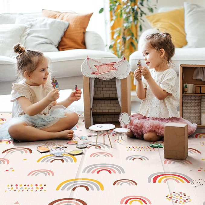 Foldable Baby Play Mat, PIGLOG 50x50 Playpen Mat, Safe Foam Playmat for Tummy Time, Waterproof Playmats for Babies and Toddlers Kids, Reversible Portable Baby Floor Mat for Infant, Rainbow Rain