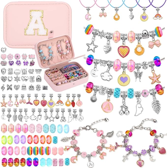 Girls Charm Bracelet Making Kit with Jewelry Case for Kids Charm Pendant Bracelet Kit DIY Jewelry Making Art & Craft for Kids Age 8-12 Birthday Gifts Valentine Christmas