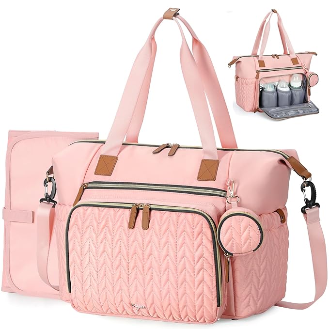 Diaper Bag Tote, Large Diaper Bags Waterproof, Hospital Bag for Labor Delivery, Baby Bag with Pacifier Case, Travel Diaper Tote with Changing Pad, Pink
