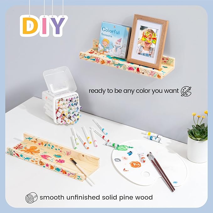 Picture Ledge Shelf for Wall, 16 inch Solid Pine Wood Nursery Book Shelves 2 Packs, Floating Ledge Shelves for Kids' Room Bedroom Bathroom Living Room Photo Frames Office Nursey Wall Decor, Natural