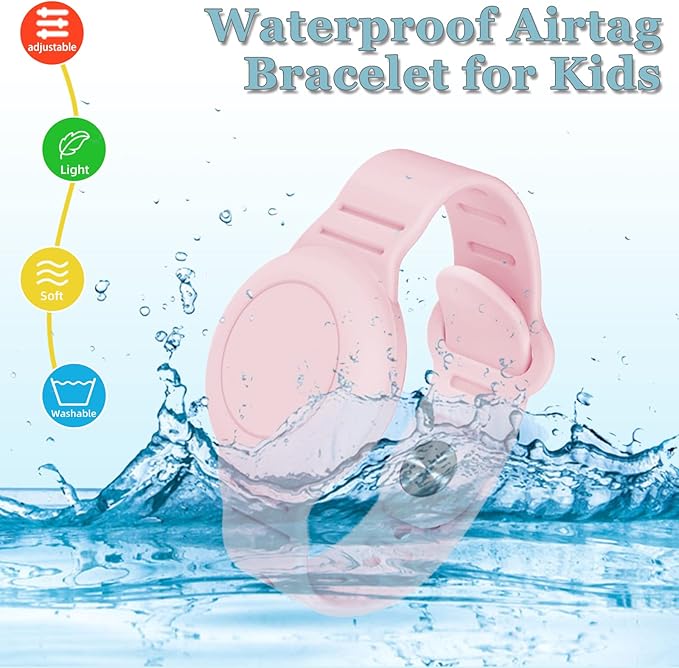 Kids Waterproof Airtag Bracelet Compatible with Apple AirTag, Hidden Silicon Protective Case for Air Tag GPS Tracker Holder, Adjustable Anti-Lost Watch Band for Toddler Child (Cyan & Pink)