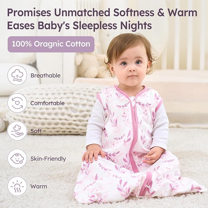 Baby Sleep Sack 6-12 Months 3 Pack 100% Cotton Lightweight 0.5 TOG Wearable Blanket Baby Sleep Bag with 2-Way Zipper for Newborn Infant Purple Leaf
