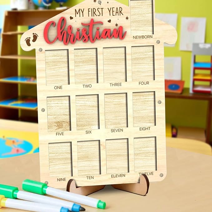 V-DECORPARKS Personalized My First Year Photo Frame | 12 Months Picture Frame For Baby First Year | Displays Thirteen 2x3 Pictures | Birthday Party Decor Newborn Memory Keepsake, House Shaped