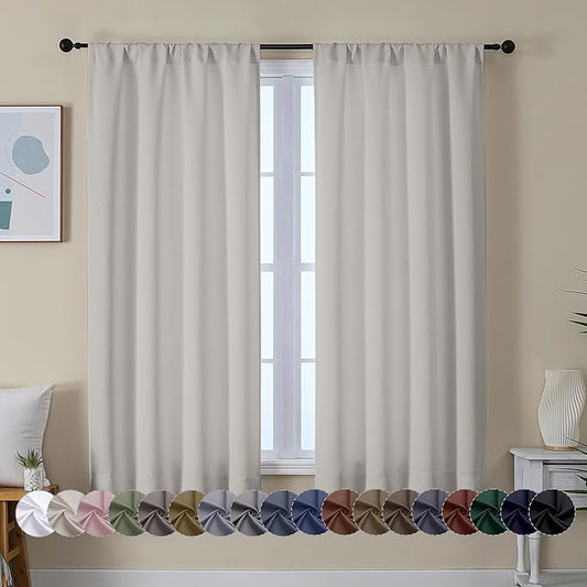 Simplebrand Ava Natural Blackout Curtains for Bedroom 63 Inch Length 2 Panels Set, Solid Thermal Insulated Energy Saving Rod Pocket Window Treatment Curtains Blackout Drapes, W40 x L63 Inch, Natural
