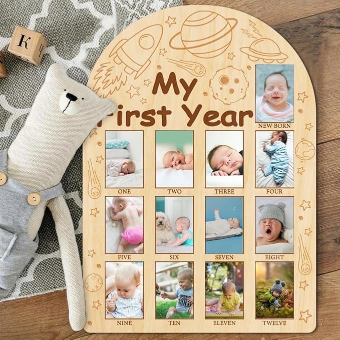ORIGACH My First Year Baby Growth Photo Display Wood Board - 12 Months Newborn Milestones Photo Board - Neutral Baby Keepsake Board 1st Birthday Party Nursery Decor New Mom Gift - Space