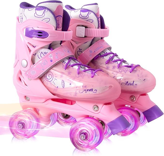 Rainbow Toddler Roller Skates - Size 4 Adjustable | Light Up Quad Skates for Girls & Boys Beginners Aged 3-12