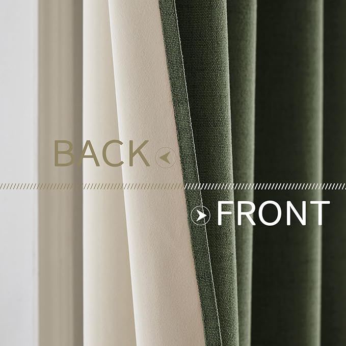 MIULEE 100% Blackout Linen Textured Curtains for Bedroom Solid Thermal Insulated Olive Green Grommet Room Darkening Curtains & Drapes Luxury Decor for Living Room Nursery 42 x 90 Inch (2 Panels)