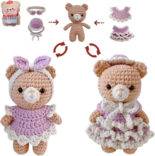 LoopMap Crochet Kit for Beginners - DIY Amigurumi Bear with Removable Dress & Accessories, Step-by-Step Video Tutorials, Extra Yarn, Crochet Tools, Handmade Gift for Kids & Adults(Bear-Purple)