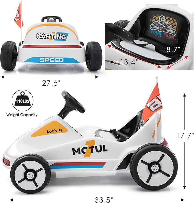 TOBBI 12V Electric Go Kart for Kids Battery Powered Ride on Car Outdoor Race Toy with Remote Control, Safety Belt, Music, LED Lights and Flags for Toddlers 3-8 Years, White
