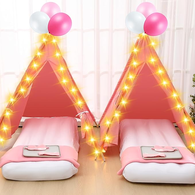 Windyun 4 Pack Kids Teepee Tent for Slumber Party with Mattress and Lights, Sleepover Tents for Girls Boys Indoor Outdoor Cotton Teepee for Kids with Airbed Tray Blanket Birthday Party Supplies(Pink)