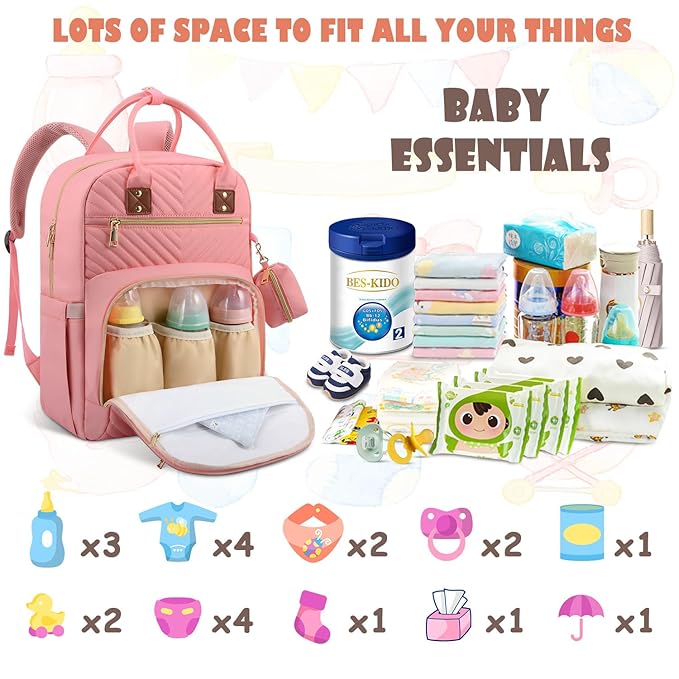 Baby Diaper Bag Backpack, Travel Diaper Bags for Baby Girl Boy Large Capacity Baby Bag Backpack for Women Light Pink
