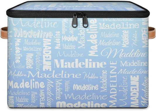 Custom Storage Basket with Name, Personalized Storage Bins with Zipper Lid, Foldable Fabric Storage Box Large capacity with Handle White Blue