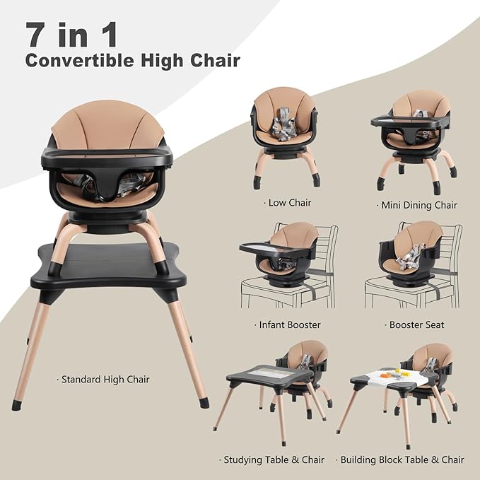 Baby High Chair, 7 in 1 Convertible High Chairs for Babies and Toddlers, Kids Learning Table, Building Block Table, Toddler Dining Chair with 360° Rotating Seat, 5-Point Safety Harness (Black)