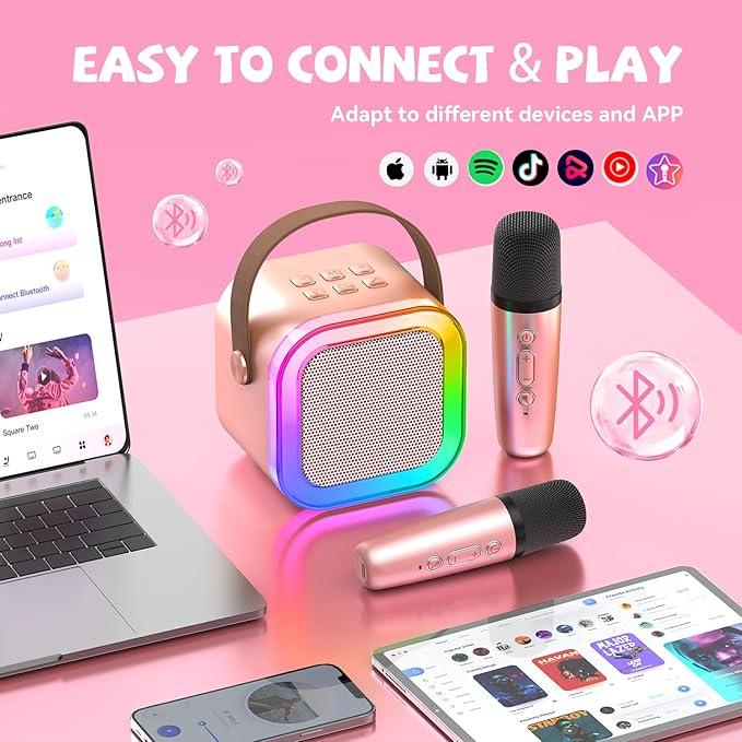 【2025 Newest】 Mini Karaoke Machine for Kids Girls & Boys - Portable Bluetooth Speaker with 2 Wireless Microphones - Kids Birthday Gifts for Ages 4-10 - Kids' Instrument Accessories - Rose Gold