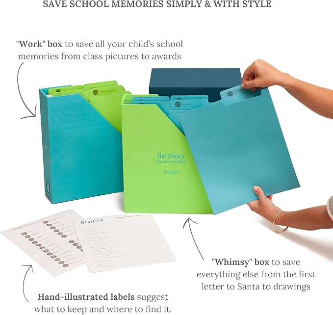 Savor | Deluxe School Years Keepsake Box | Fabric Bound Acid-Free Childhood Keepsake and Memory Organizer with Labels for Birthday, Graduation, Mitzvah, Mother’s Day, and Baby Shower
