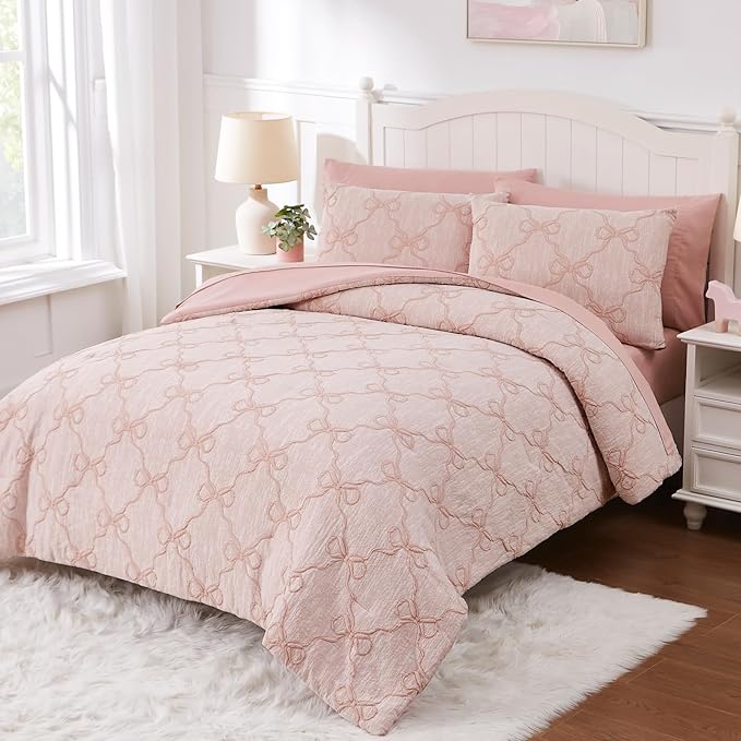 Queen Comforter Set with Sheets for Girls-7 Pieces Queen Bedding Sets with Pink Comforter, Sheets, Pillowcases & Shams for Kids (Pink Diamond, 90" X 90")